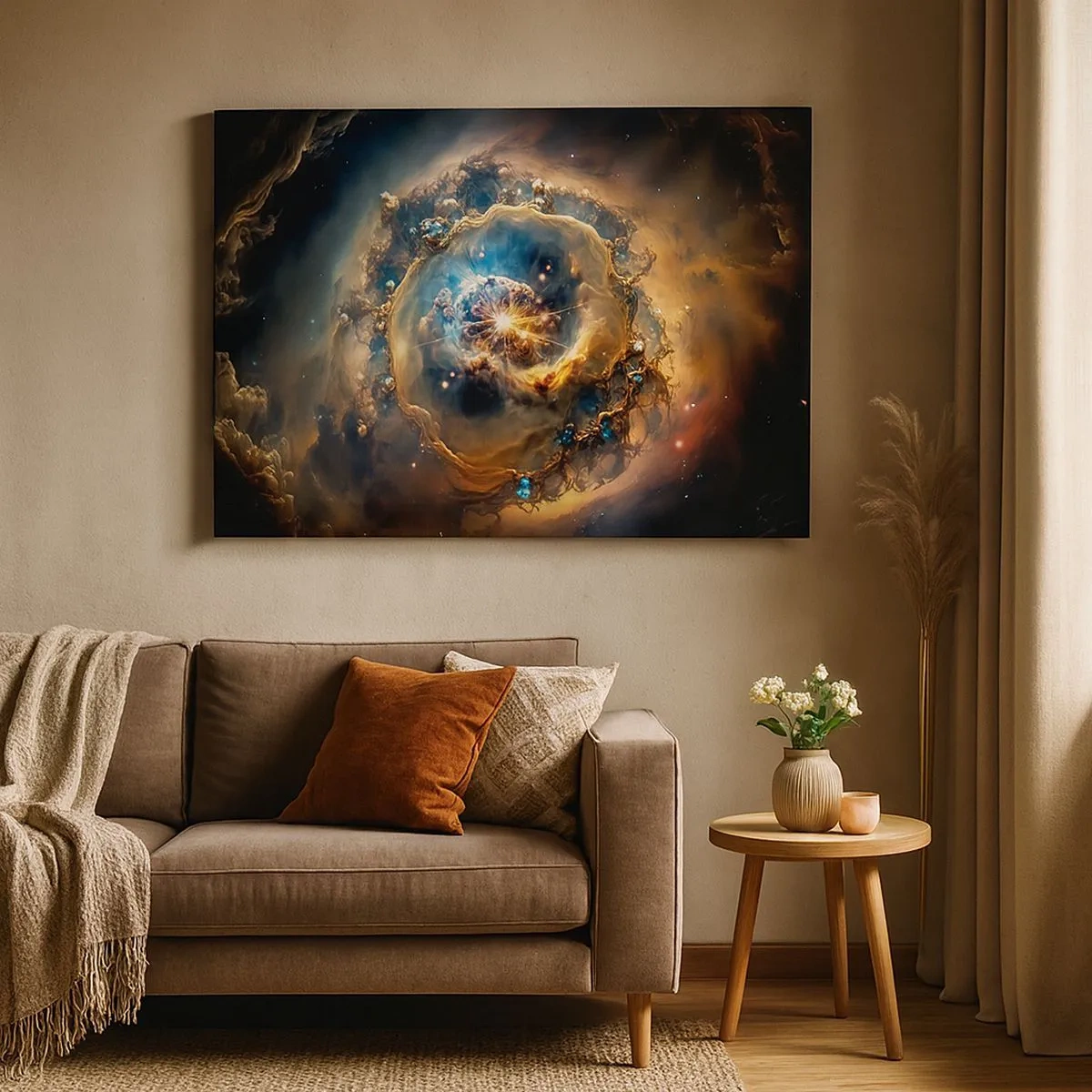 Impression sur toile - Image sur toile - Une vision abstraite d'une explosion cosmique dans des tons d'or et de bleu. - 70x50cm - Le début - Décoration murale moderne pour le salon et la chambre ARTTOR