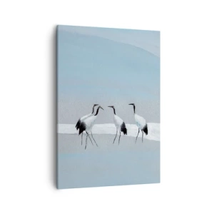 Impression sur toile - Image sur toile - Un groupe de grues contre un ciel bleu et le soleil levant - 50x70cm - Après une chaude journée - Décoration murale moderne pour le salon et la chambre ARTTOR