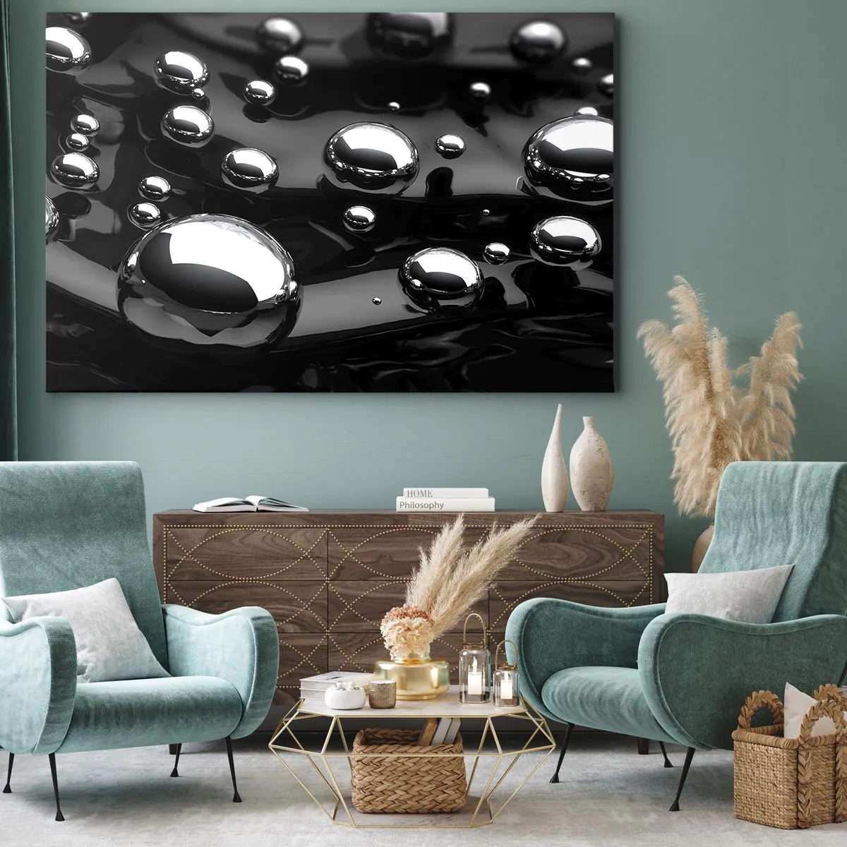 Impression sur toile - Image sur toile - Gouttes abstraites sur une surface noire - 100x70cm - D'un ton noir - Décoration murale moderne pour le salon et la chambre ARTTOR