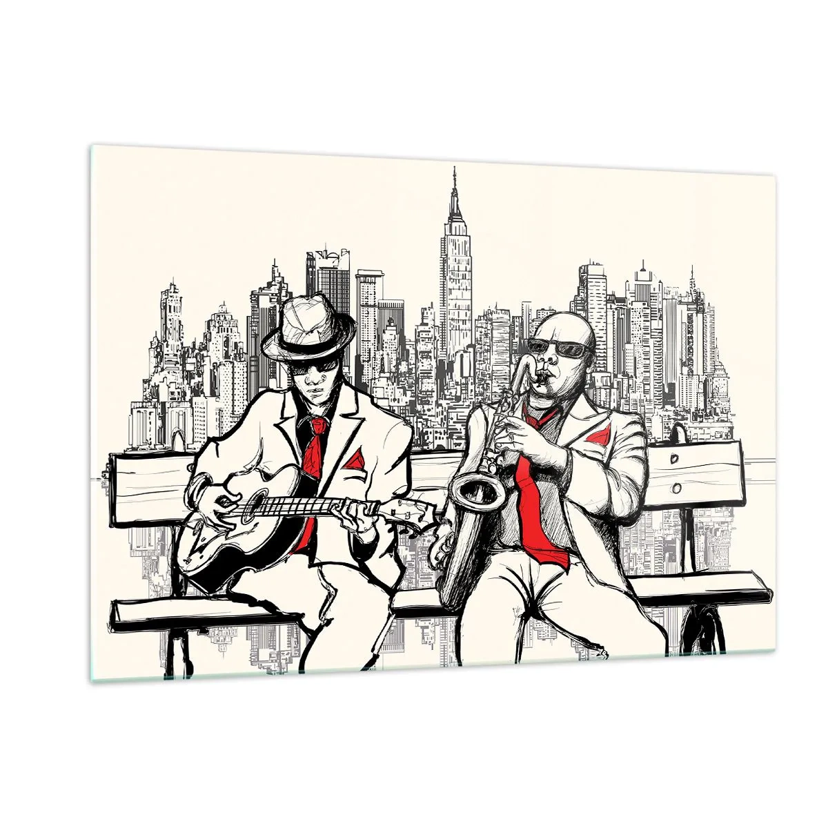 Impression sur verre - Image sur verre - Deux musiciens de jazz jouant avec en toile de fond la silhouette de la ville - 120x80cm - improvisation new-yorkaise - Décoration murale moderne pour le salon et la chambre ARTTOR