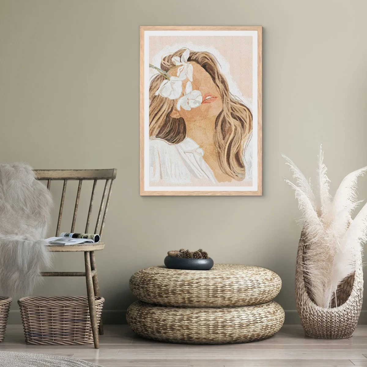 Affiche dans un chêne clair - Poster - Ravie parmi les fleurs - 40x50 cm