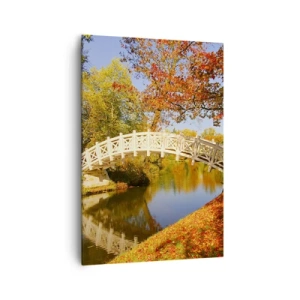 Impression sur toile - Image sur toile - Un pont dans un parc entouré de feuilles d'automne sur une eau calme - 70x100cm - Sur le pont blanc des soupirs - Décoration murale moderne pour le salon et la chambre ARTTOR