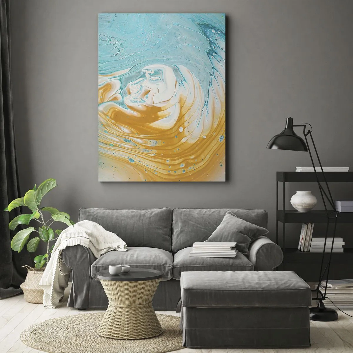 Impression sur toile - Image sur toile - Vagues abstraites dans des tons de bleu et d'or sur toile - 50x70cm - Tourbillon pastel - Décoration murale moderne pour le salon et la chambre ARTTOR