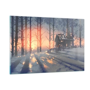 Impression sur verre - Image sur verre - Forêt d'hiver au coucher du soleil avec un chalet en arrière-plan - 120x80cm - Seul le soleil regarde ici - Décoration murale moderne pour le salon et la chambre ARTTOR