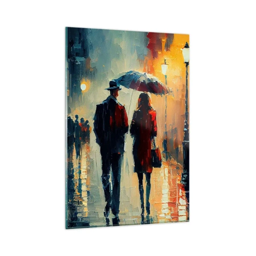 Impression sur verre - Image sur verre - Marcher sous la pluie sous un parapluie en ville la nuit - 80x120cm - Histoire d'amour urbaine - Décoration murale moderne pour le salon et la chambre ARTTOR