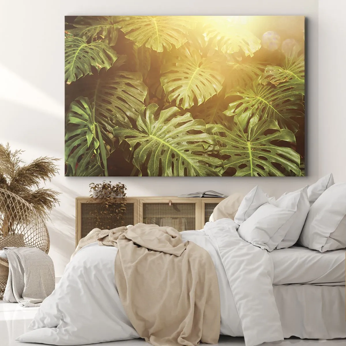 Impression sur toile - Image sur toile - Feuilles de Monstera au soleil sur fond naturel - 70x50cm - Se fondre dans la verdure - Décoration murale moderne pour le salon et la chambre ARTTOR