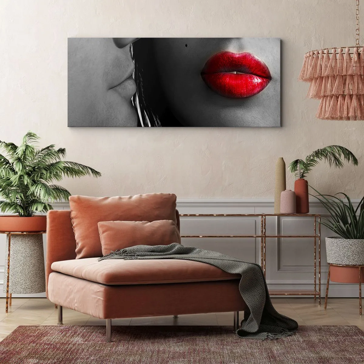 Impression sur toile - Image sur toile - Gros plan des visages d'une femme et d'un homme aux lèvres rouges. - 140x50cm - Face à face - Décoration murale moderne pour le salon et la chambre ARTTOR