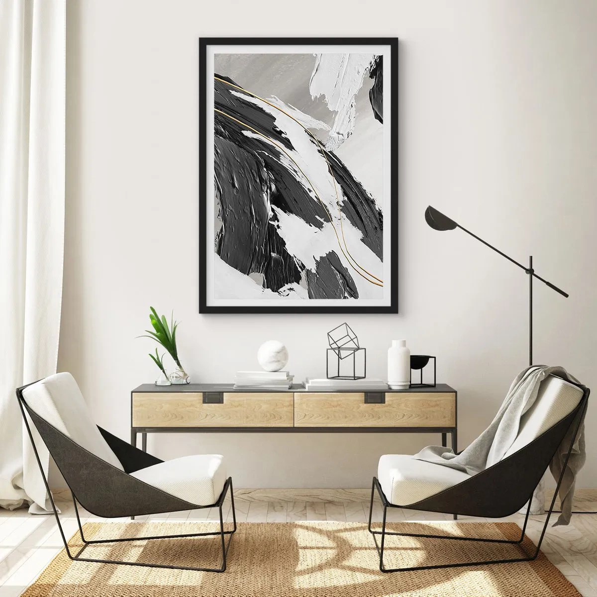 Affiche dans un cadre noir - Poster - Coups de pinceau abstraits en noir, blanc et or - 50x70cm - L'abstraction à grande échelle - Décoration murale moderne pour le salon et la chambre ARTTOR