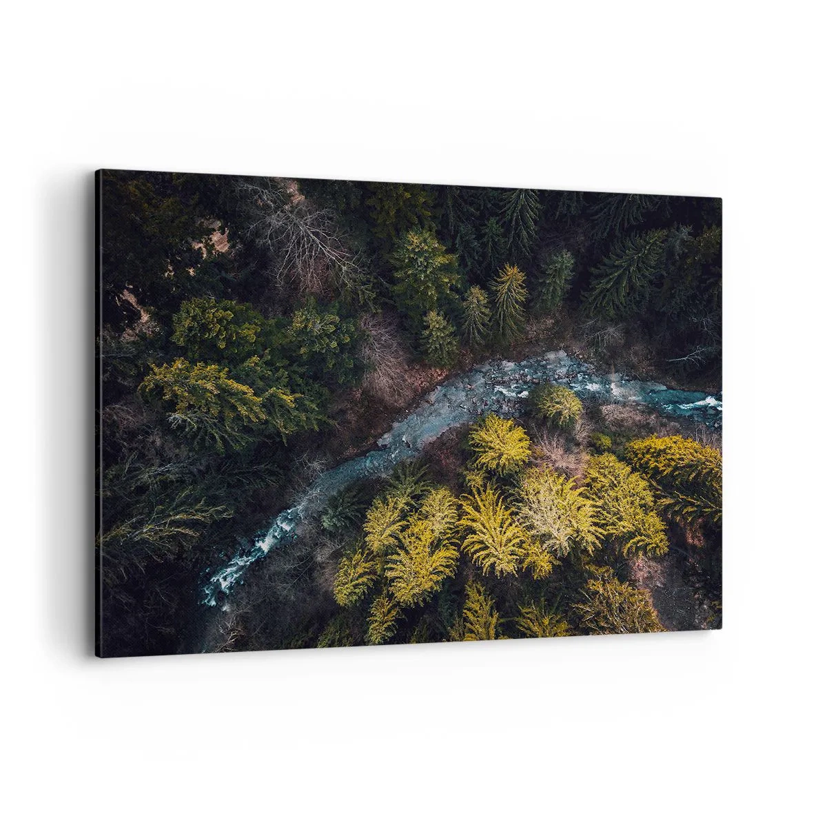 Impression sur toile - Image sur toile - Vue d'en haut d'une forêt avec une rivière sinueuse - 120x80cm - De plus en plus vite - Décoration murale moderne pour le salon et la chambre ARTTOR