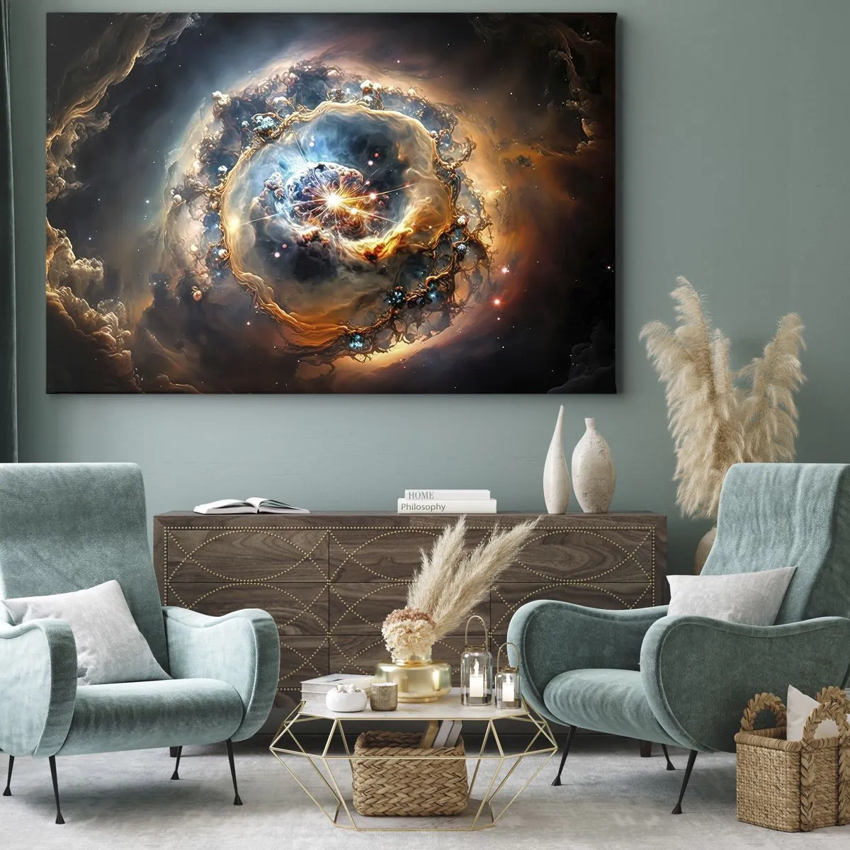 Impression sur toile - Image sur toile - Une vision abstraite d'une explosion cosmique dans des tons d'or et de bleu. - 70x50cm - Le début - Décoration murale moderne pour le salon et la chambre ARTTOR