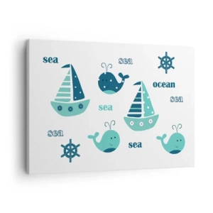 Impression sur toile - Image sur toile - Charmants motifs nautiques avec des baleines et des voiliers - 70x50cm - À travers les mers et les océans - Décoration murale moderne pour le salon et la chambre ARTTOR