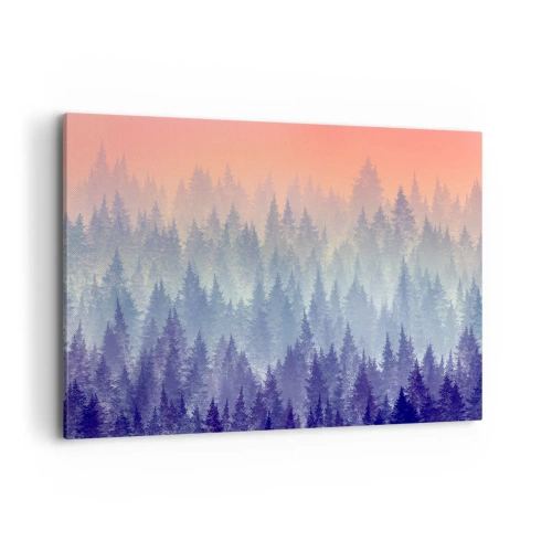 Impression sur toile - Image sur toile - Une forêt brumeuse aux tons violets et orange - 100x70cm - Haut, plus haut, vers le ciel - Décoration murale moderne pour le salon et la chambre ARTTOR