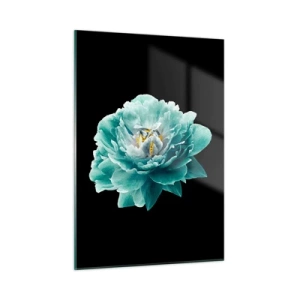 Impression sur verre - Image sur verre - Une fleur turquoise avec un centre jaune sur fond noir dans un style glamour. - 50x70cm - Pétales bleus et dorés - Décoration murale moderne pour le salon et la chambre ARTTOR