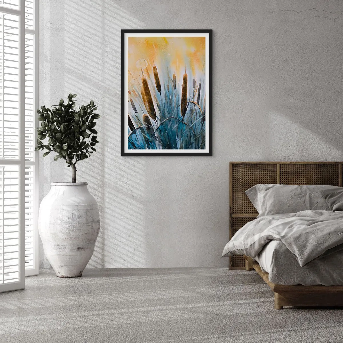 Affiche dans un cadre noir - Poster - Une composition picturale de roseaux dans une lumière chaude - 50x70cm - Fraicheur de l'eau, chaleur du soleil - Décoration murale moderne pour le salon et la chambre ARTTOR