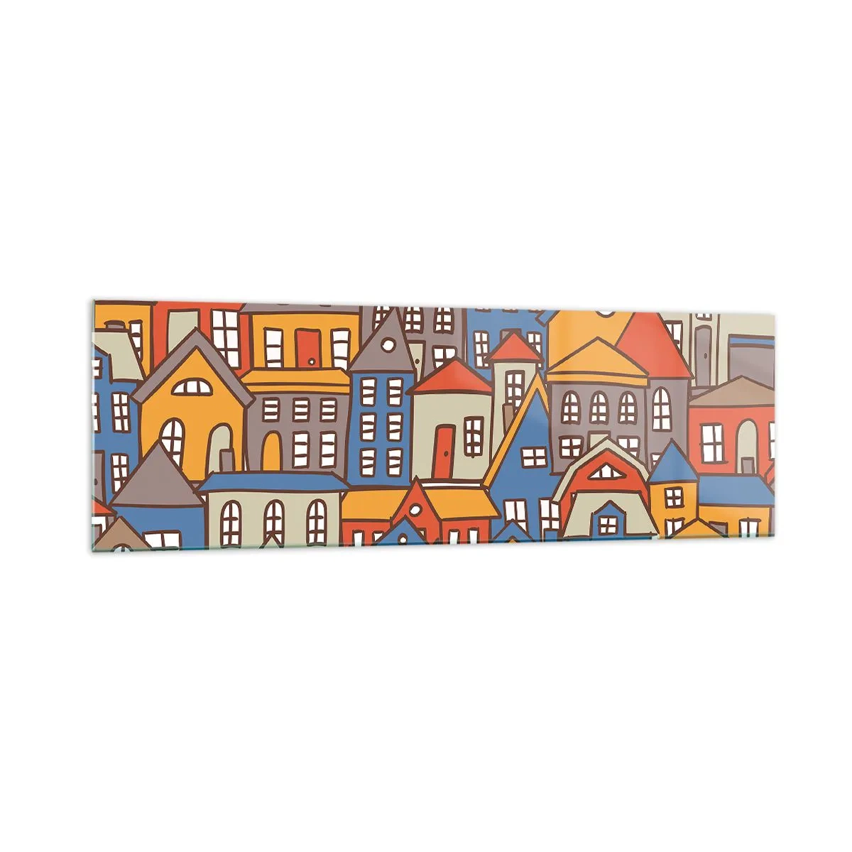Impression sur verre - Image sur verre - Maisons colorées dans un style graphique sur fond clair - 160x50cm - Derrière la maison, une maison - Décoration murale moderne pour le salon et la chambre ARTTOR