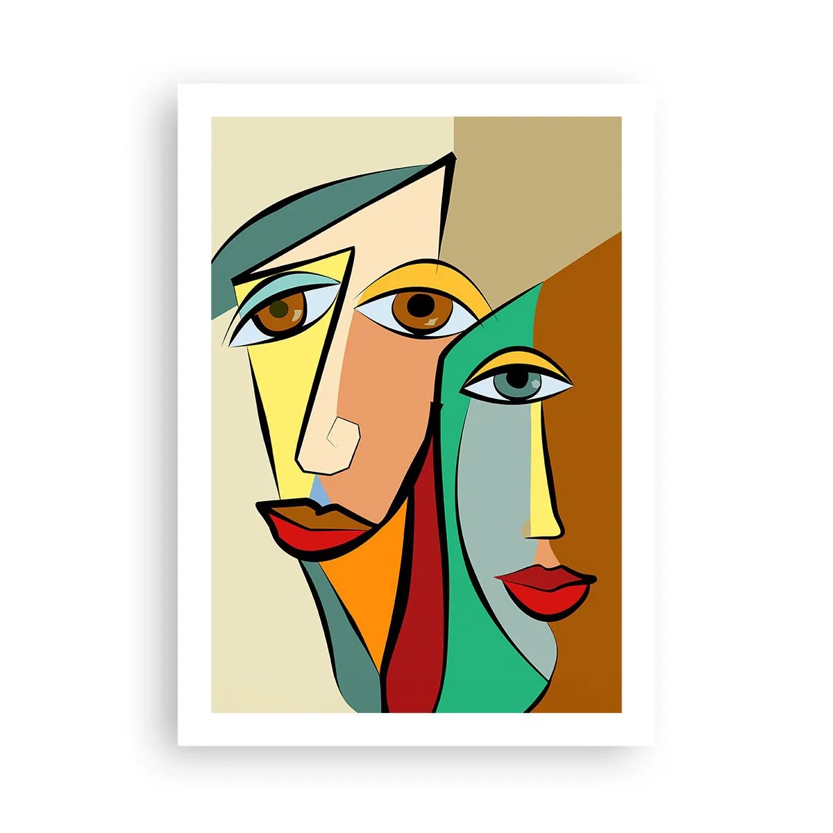 Affiche - Poster - Visages abstraits de style cubiste aux couleurs chaudes - 50x70cm - Couple cubiste - Décoration murale moderne pour le salon et la chambre ARTTOR