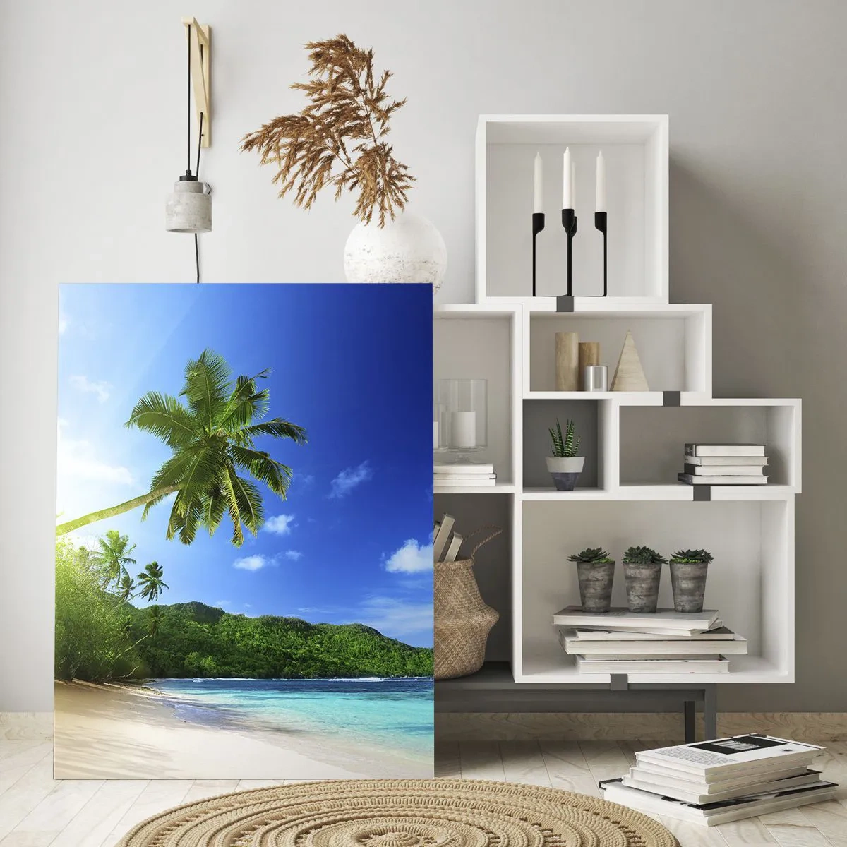 Impression sur verre - Image sur verre - Plage tropicale avec palmiers et eau cristalline - 50x70cm - La douceur des tropiques - Décoration murale moderne pour le salon et la chambre ARTTOR