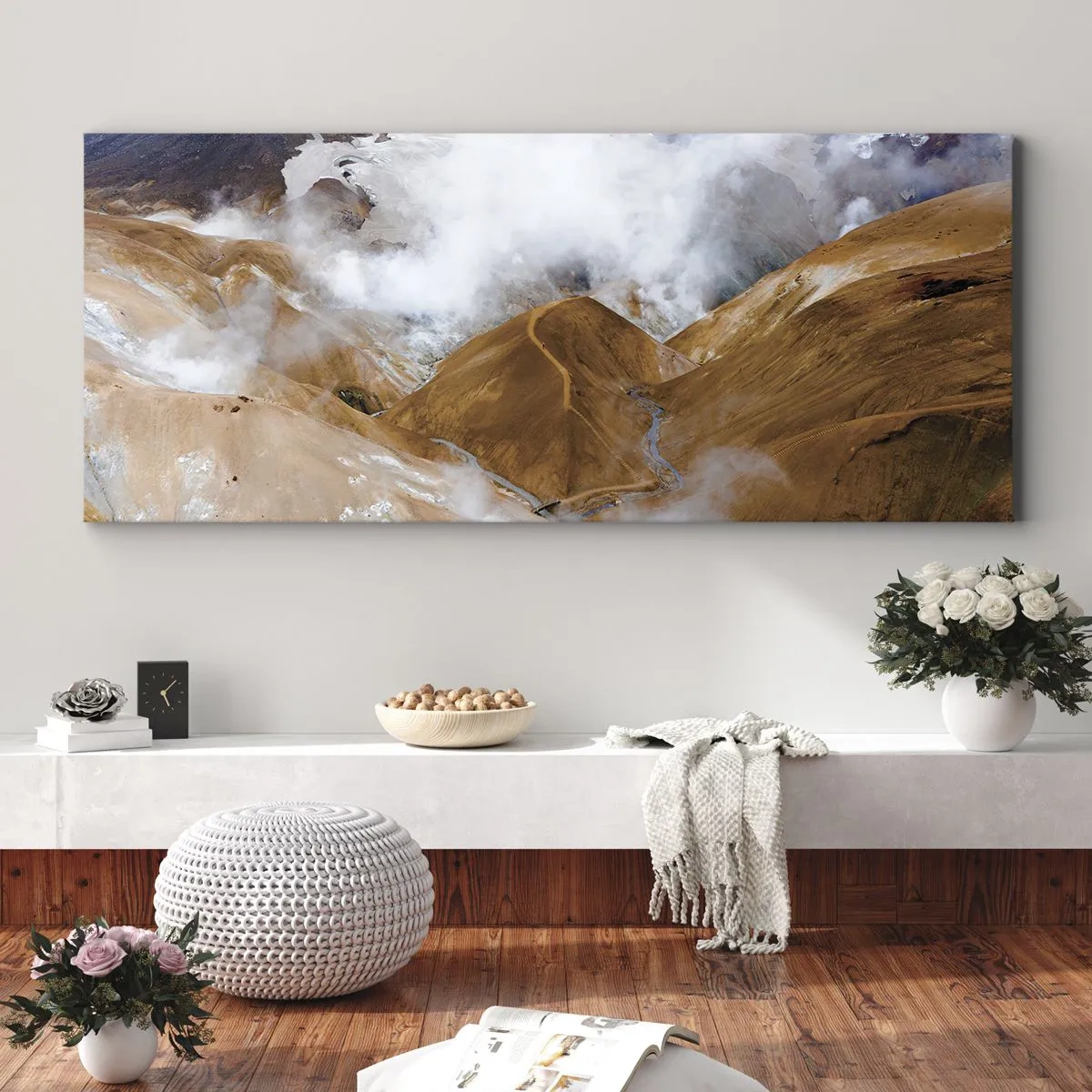 Impression sur toile - Image sur toile - Un paysage de montagne avec de la vapeur dans un climat rigoureux - 120x50cm - Le charme brut de l'Islande - Décoration murale moderne pour le salon et la chambre ARTTOR