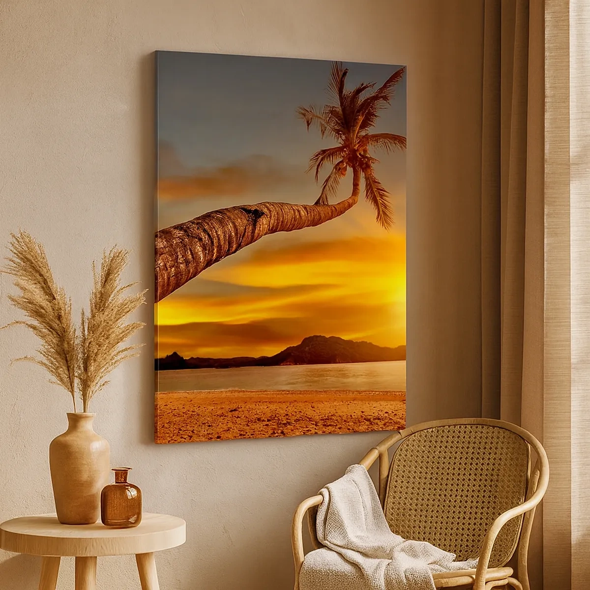 Impression sur toile - Image sur toile - Palmier sur la plage au coucher du soleil avec vue sur la mer - 50x70cm - Vacances exotiques, aventure caribéenne - Décoration murale moderne pour le salon et la chambre ARTTOR