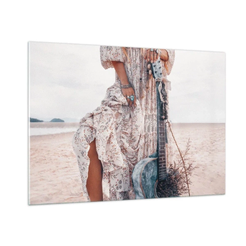 Impression sur verre - Image sur verre - Femme de style bohème avec guitare sur une plage déserte - 100x70cm - Enfant de fleur en route - Décoration murale moderne pour le salon et la chambre ARTTOR