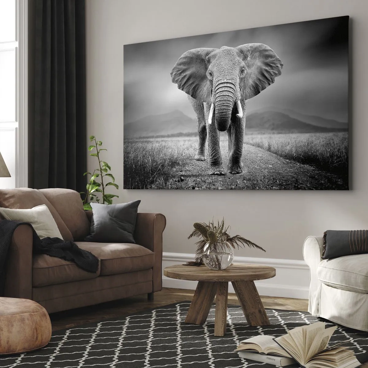 Impression sur toile - Image sur toile - Un puissant éléphant dans la savane aux tons monochromes - 100x70cm - Les hôtes vous saluent - Décoration murale moderne pour le salon et la chambre ARTTOR