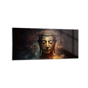 Impression sur verre - Image sur verre - Bouddha doré sur fond sombre avec ornements - 120x50cm - Équilibre spirituel - Décoration murale moderne pour le salon et la chambre ARTTOR