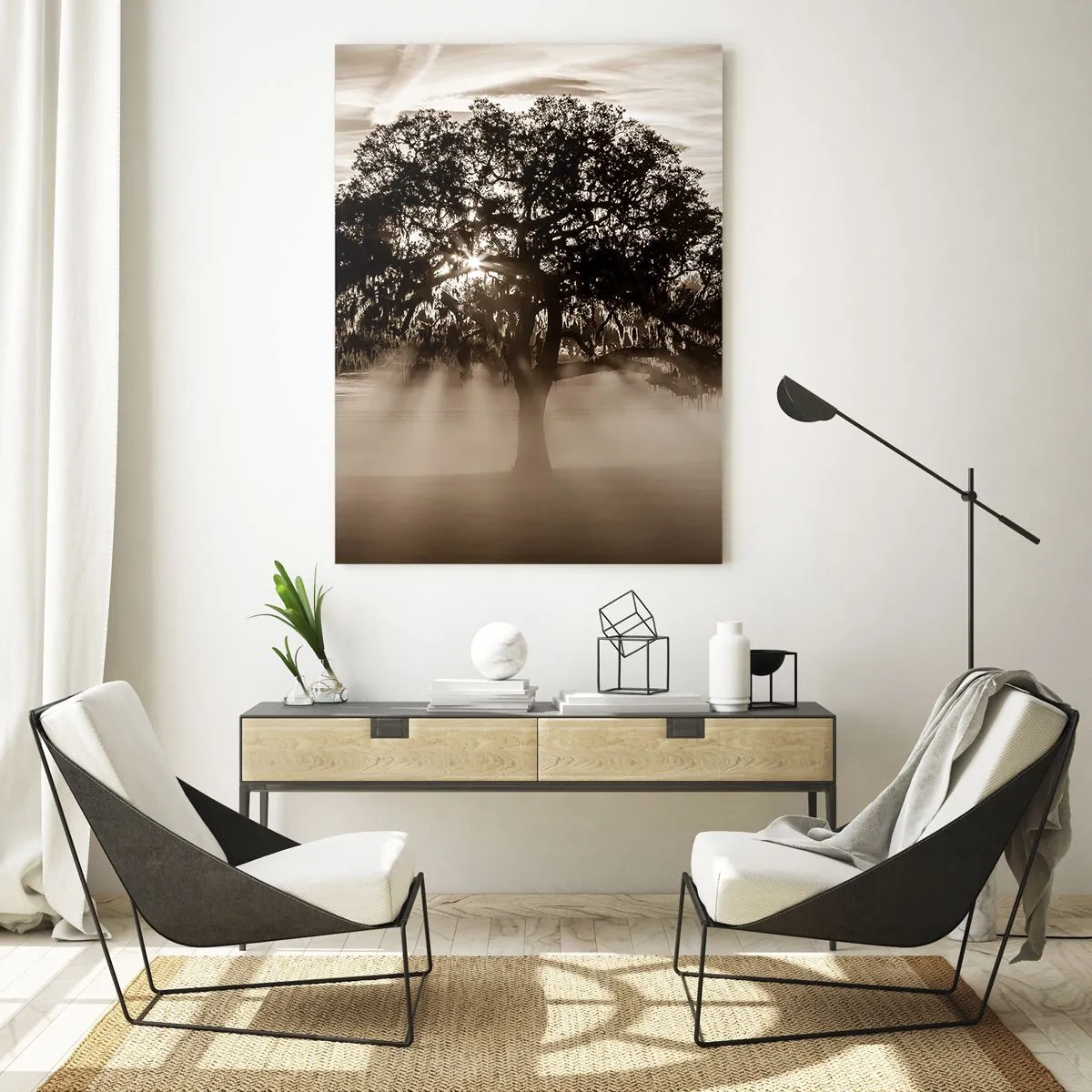 Impression sur verre - Image sur verre - Un arbre dans le brouillard matinal avec les rayons du soleil qui brillent à travers les branches - 50x70cm - Arbre de bonnes nouvelles - Décoration murale moderne pour le salon et la chambre ARTTOR