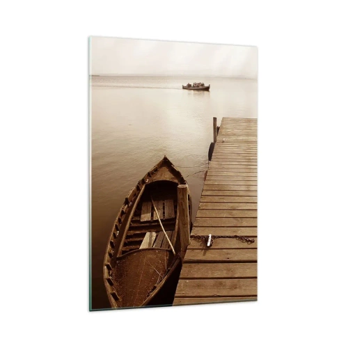 Impression sur verre - Image sur verre - Jetée en bois et bateau sur un lac calme - 80x120cm - Le grand silence - Décoration murale moderne pour le salon et la chambre ARTTOR