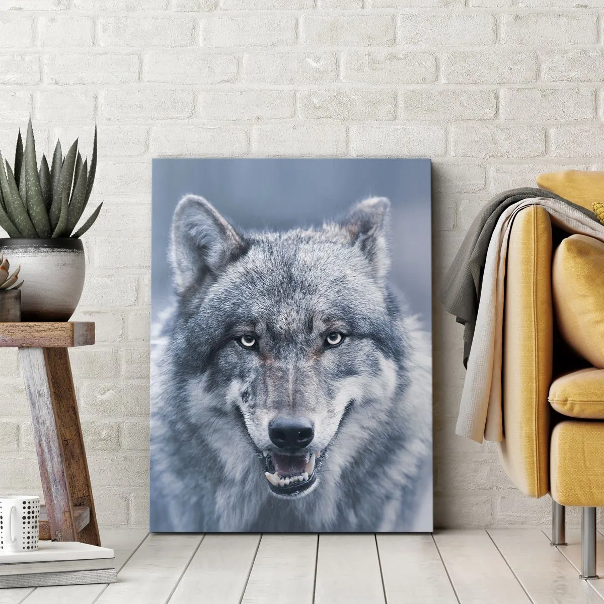 Impression sur toile - Image sur toile - Un loup au regard intense dans un paysage hivernal - 50x70cm - Relèverez-vous le défi ? - Décoration murale moderne pour le salon et la chambre ARTTOR