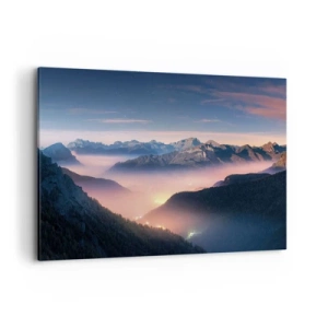 Impression sur toile - Image sur toile - Un paysage de montagne avec une vallée remplie de brouillard - 100x70cm - Lumière dans les vallées - Décoration murale moderne pour le salon et la chambre ARTTOR