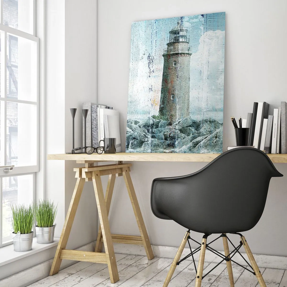 Impression sur verre - Image sur verre - Un phare sur une côte rocheuse aux couleurs pastel - 70x100cm - Sur du vieux bois - Décoration murale moderne pour le salon et la chambre ARTTOR