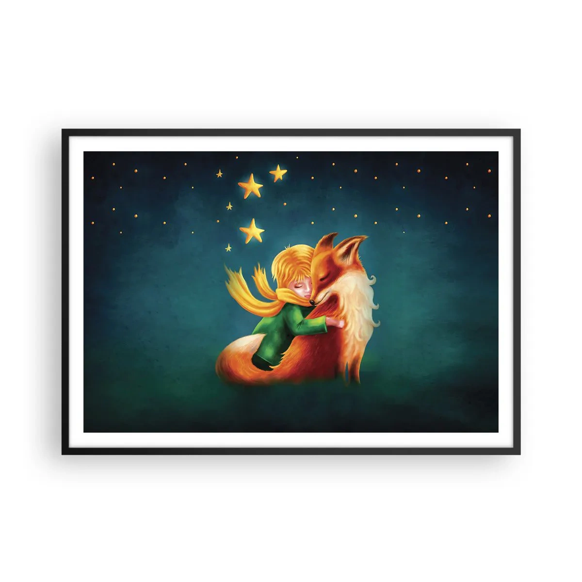 Affiche dans un cadre noir - Poster - Un garçon avec un renard dans un décor magique avec des étoiles - 100x70cm - Petit Prince - Décoration murale moderne pour le salon et la chambre ARTTOR