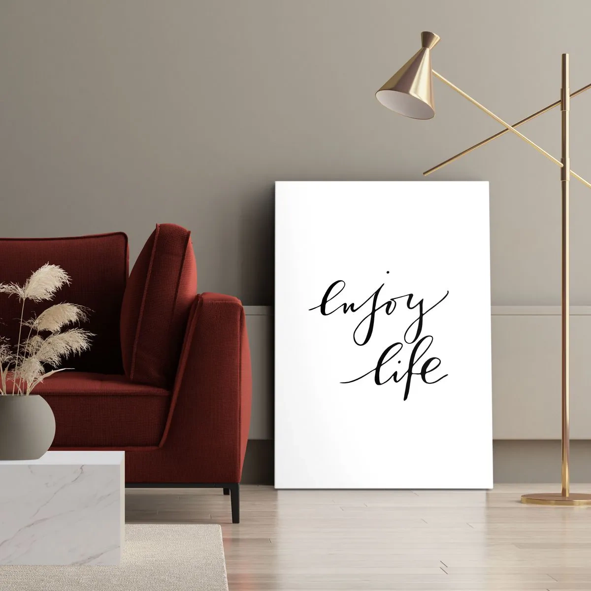 Impression sur toile - Image sur toile - La citation «Profitez de la vie» en calligraphie noire sur fond blanc - 50x70cm - Rien à ajouter.... - Décoration murale moderne pour le salon et la chambre ARTTOR