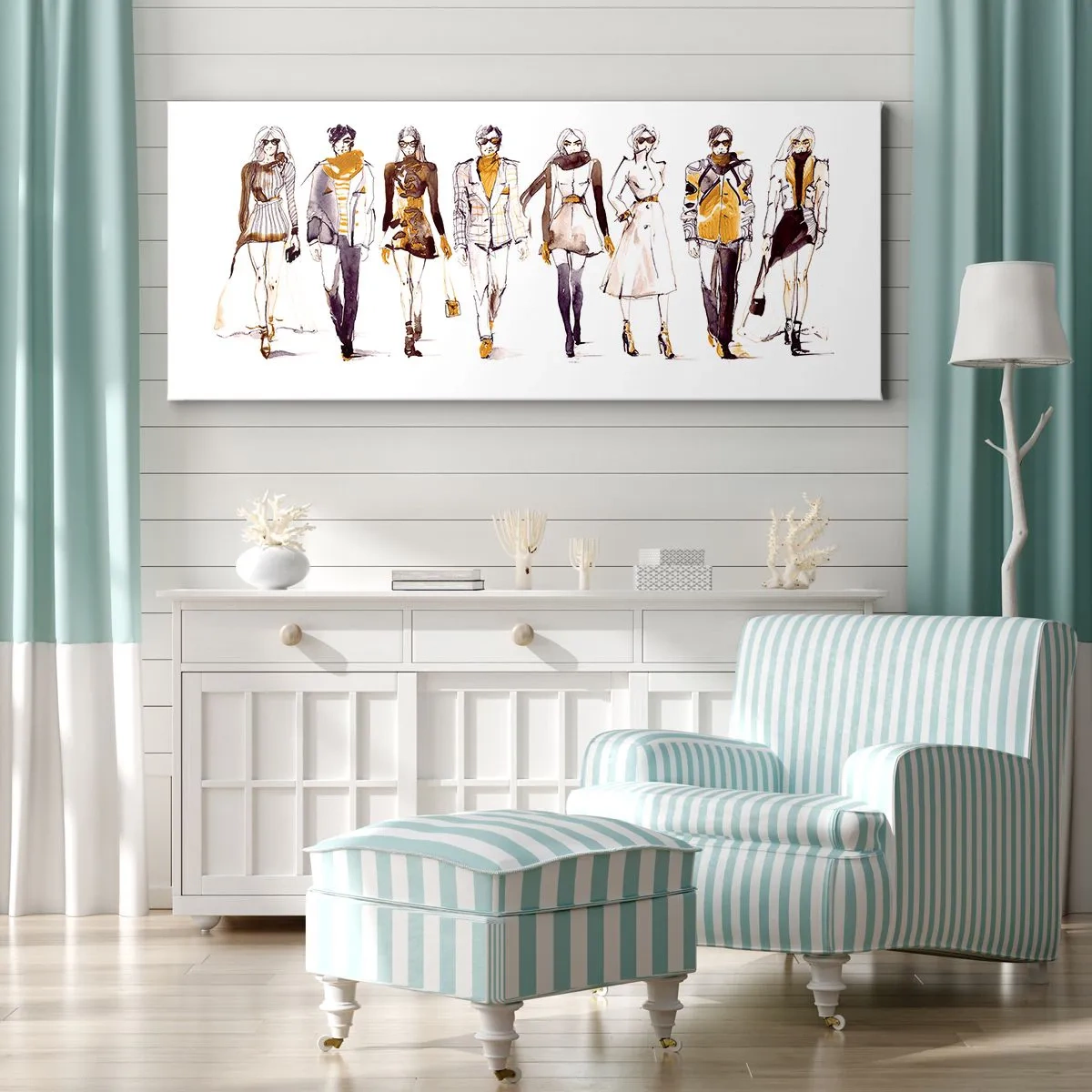 Impression sur toile - Image sur toile - Croquis d'un groupe de personnes en tenues de mode - 140x50cm - Chic décontracté, élégance décontractée - Décoration murale moderne pour le salon et la chambre ARTTOR