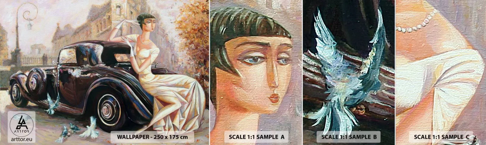 Échantillon de Papier Peint Autocollant Deluxe Sticker - L'élégance dans un style rétro - Voiture rétro, Femme, Palais - 100x30 cm