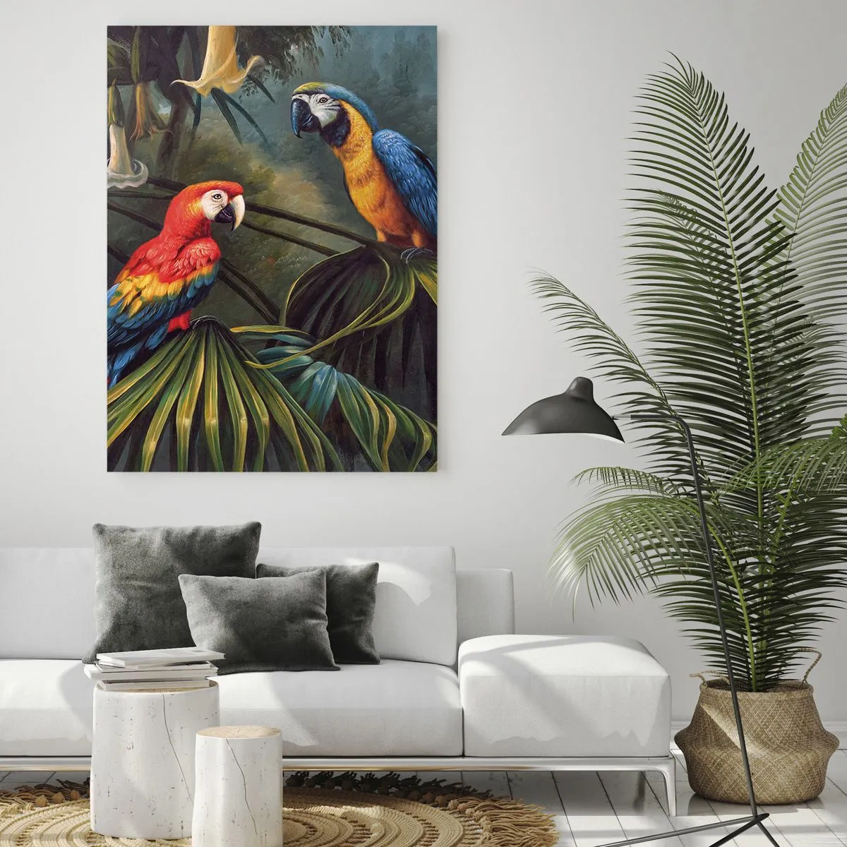Impression sur verre - Image sur verre - Deux perroquets colorés sur fond de jungle tropicale - 50x70cm - Romantisme dans les tropiques - Décoration murale moderne pour le salon et la chambre ARTTOR
