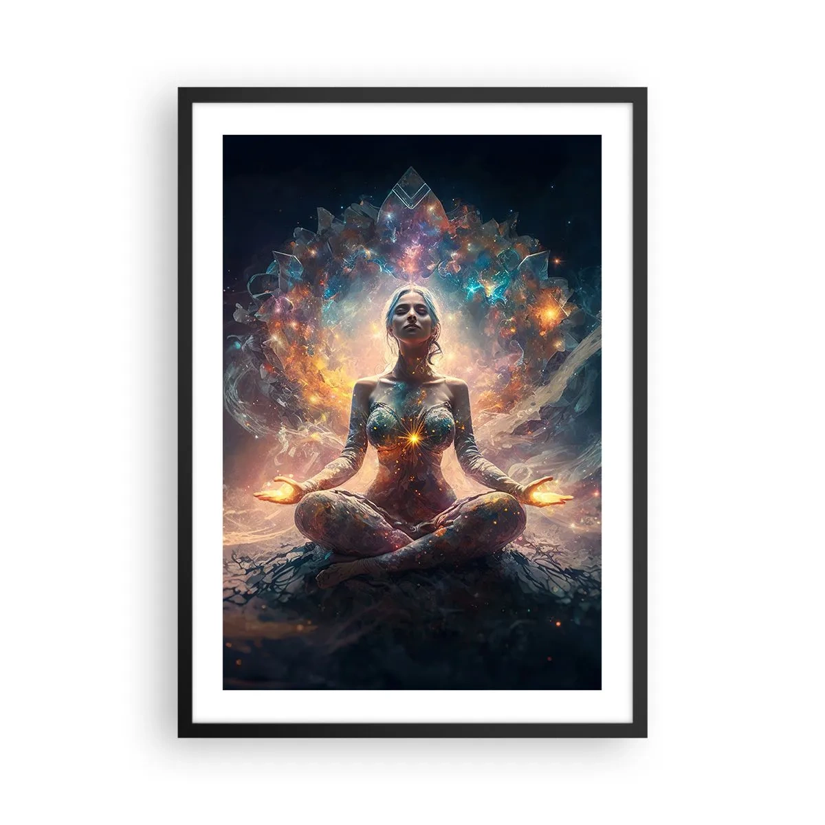 Affiche dans un cadre noir - Poster - Méditation mystique entourée d'énergie cosmique - 50x70cm - Flux de bonne énergie - Décoration murale moderne pour le salon et la chambre ARTTOR
