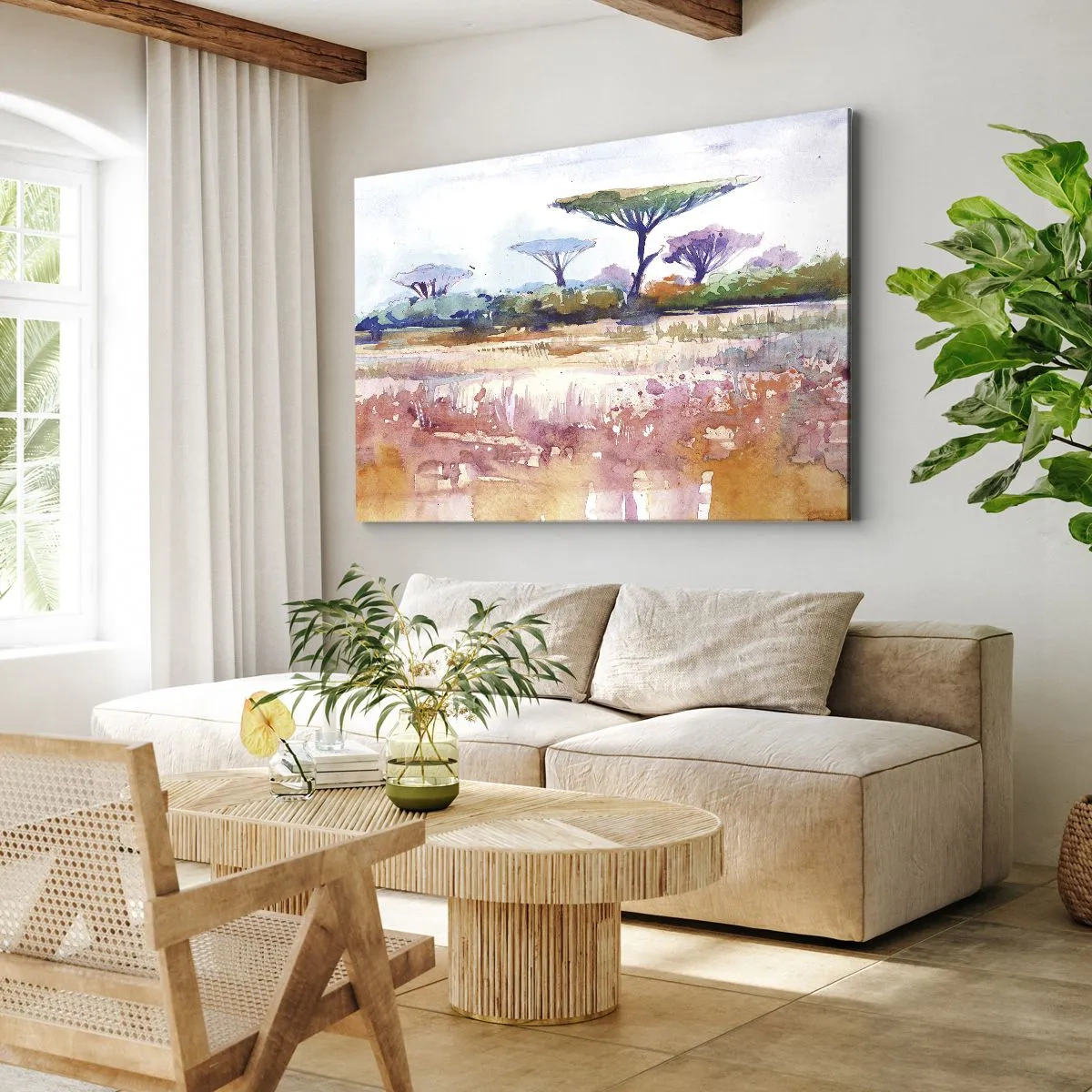 Impression sur toile - Image sur toile - Un paysage de savane pittoresque aux couleurs aquarelles - 100x70cm - Couleurs de savane - Décoration murale moderne pour le salon et la chambre ARTTOR