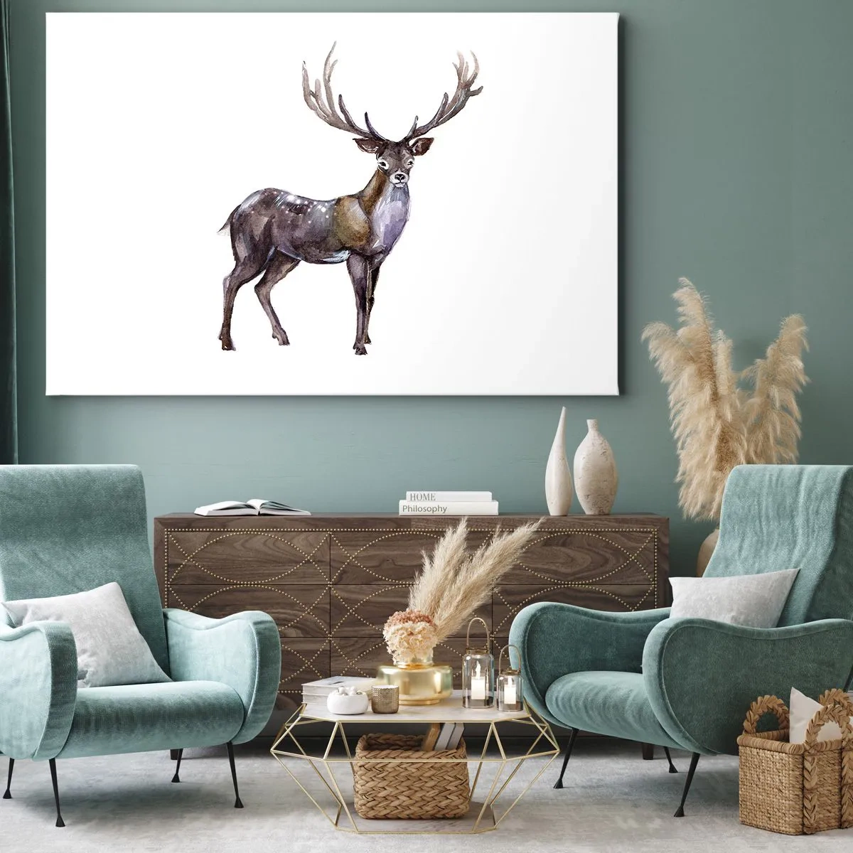 Impression sur toile - Image sur toile - Illustration à l'aquarelle d'un cerf aux bois majestueux - 70x50cm - Roi de la forêt du nord - Décoration murale moderne pour le salon et la chambre ARTTOR