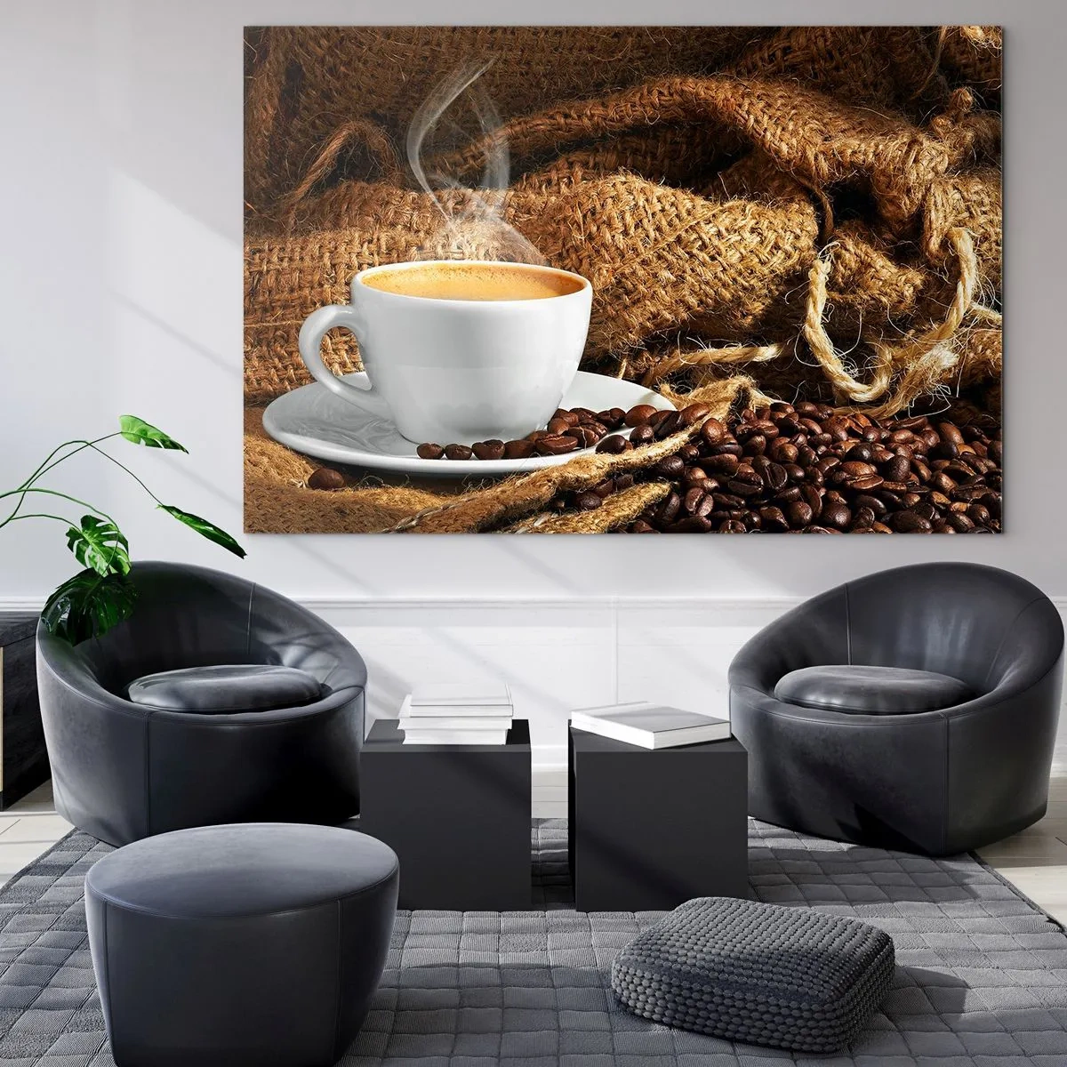 Impression sur verre - Image sur verre - Une tasse de café avec des grains sur un fond de jute - 120x80cm - L'odeur du moka et la densité du miel liquide - Décoration murale moderne pour le salon et la chambre ARTTOR