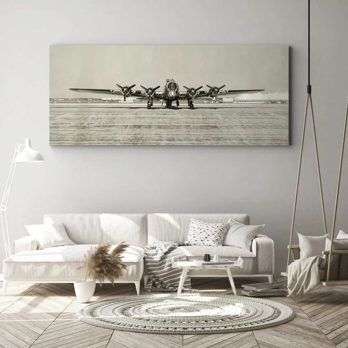 Impression sur toile - Image sur toile - Avion historique à l'aéroport en sépia - 160x50cm - Toujours prêt! - Décoration murale moderne pour le salon et la chambre ARTTOR