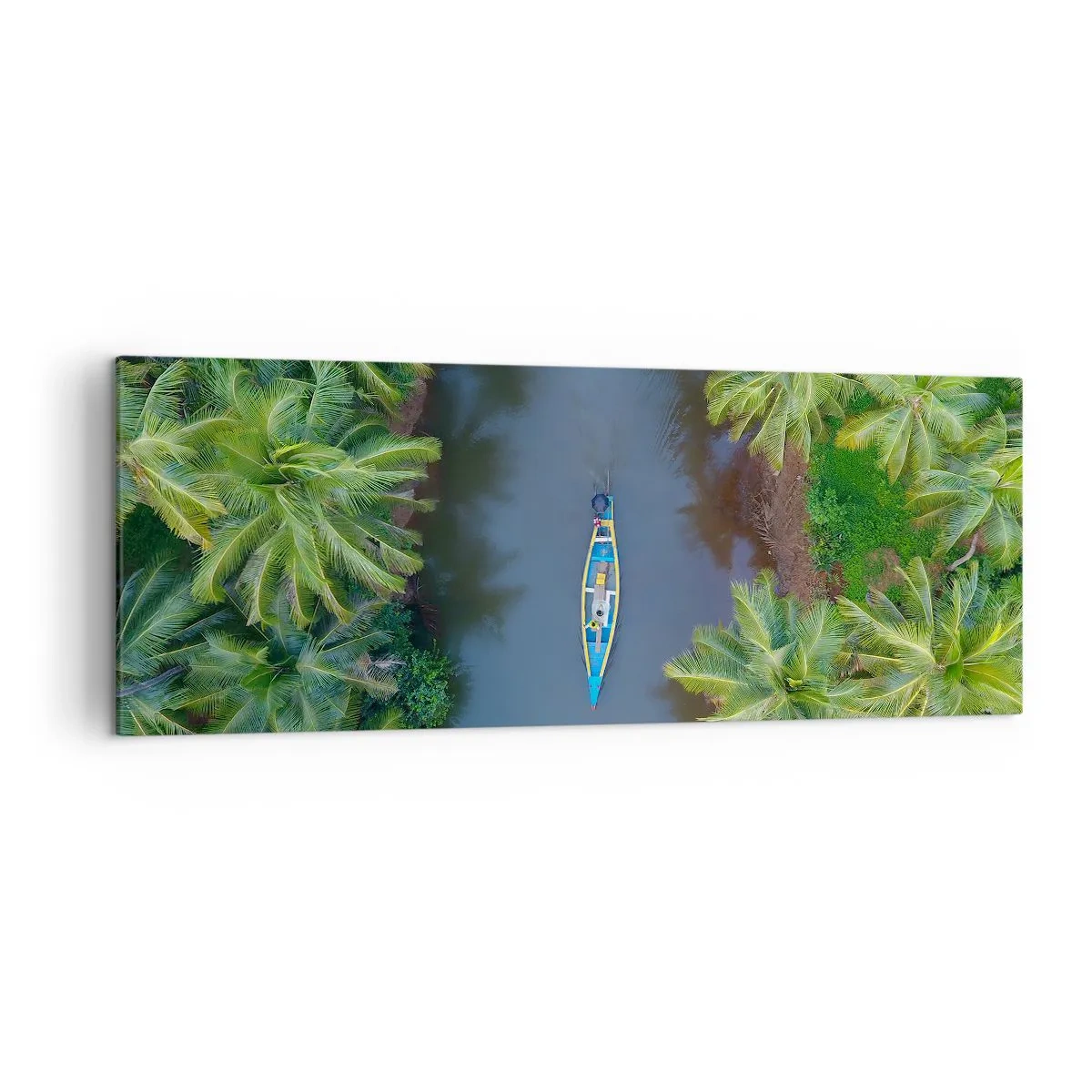 Impression sur toile - Image sur toile - Vue aérienne d'un bateau sur une rivière entourée de palmiers - 140x50cm - Sur un sentier tropical - Décoration murale moderne pour le salon et la chambre ARTTOR