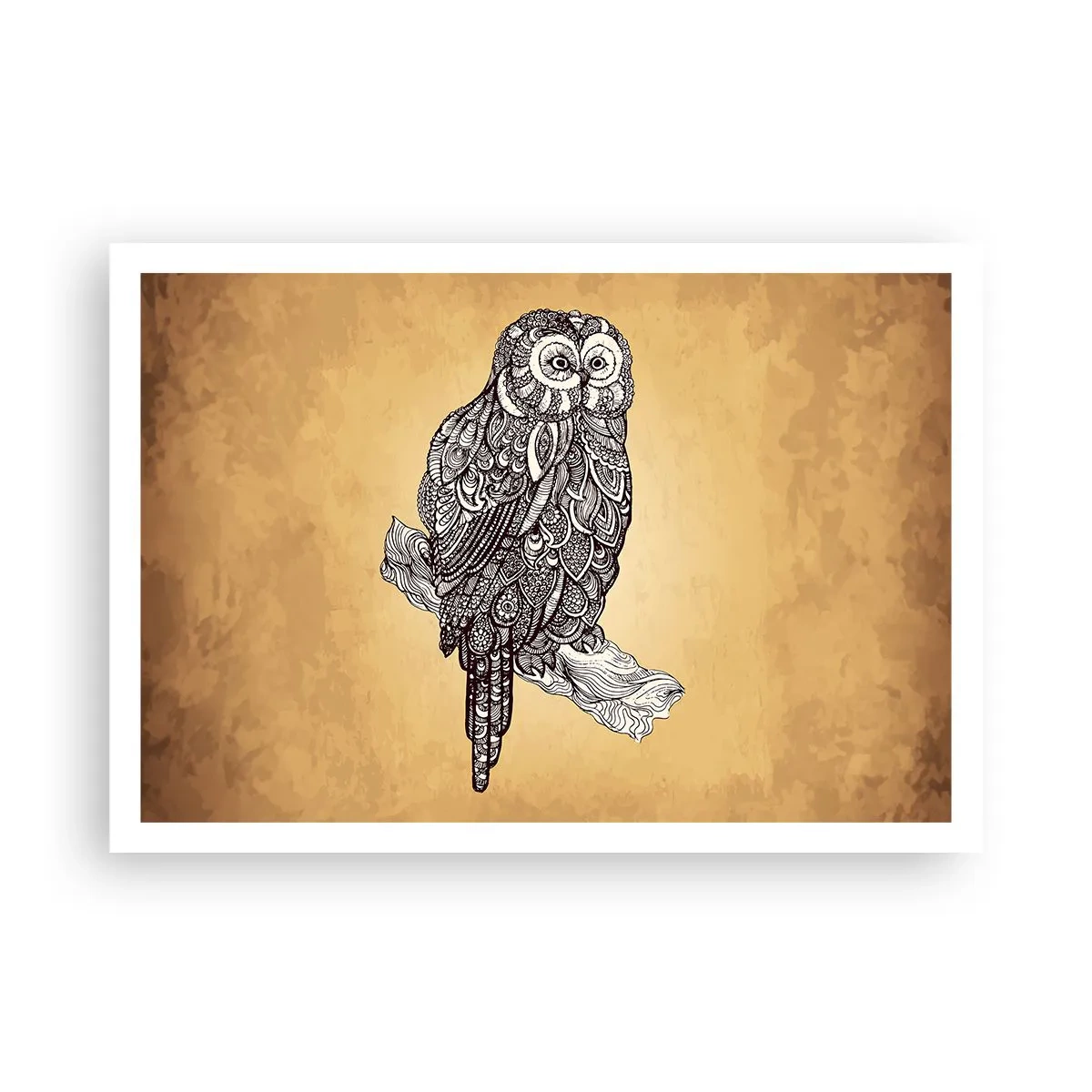 Affiche - Poster - Un hibou de style ornemental sur fond beige - 100x70cm - Ornements complexes de sagesse - Décoration murale moderne pour le salon et la chambre ARTTOR