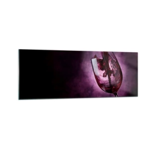 Impression sur verre - Image sur verre - Du vin rouge versé dans un verre sur fond de fumée violette - 140x50cm - Écarlate? Carmin? Non, rubis. - Décoration murale moderne pour le salon et la chambre ARTTOR