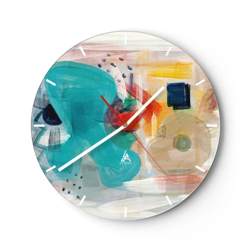 Horloge murale - Pendule murale - Taches de couleurs abstraites dans les tons turquoise, rouge et jaune - 30x30cm - Jeu de couleurs - Décoration murale moderne pour le salon, la cuisine et la chambre ARTTOR