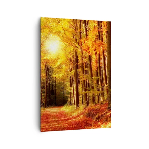 Impression sur toile - Image sur toile - Forêt d'automne avec les rayons du soleil qui brillent à travers les arbres - 70x100cm - Automne doré sur une route forestière - Décoration murale moderne pour le salon et la chambre ARTTOR