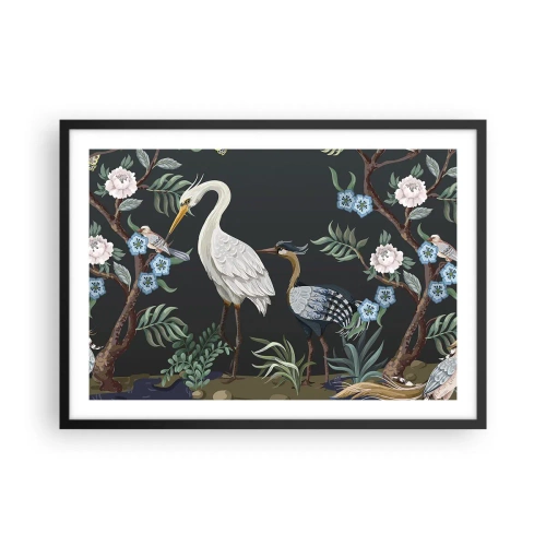 Affiche dans un cadre noir - Poster - Oiseaux et plantes peints sur un fond sombre avec un motif élégant - 70x50cm - Parade d'oiseaux - Décoration murale moderne pour le salon et la chambre ARTTOR