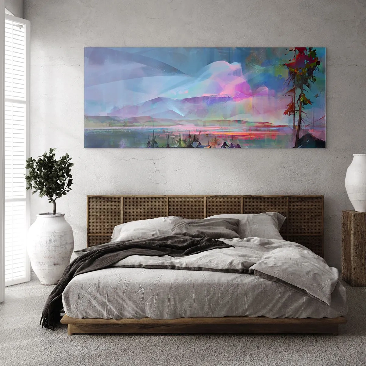 Impression sur verre - Image sur verre - Paysage de montagne avec un ciel coloré et un village - 140x50cm - Sous un ciel bienveillant - Décoration murale moderne pour le salon et la chambre ARTTOR