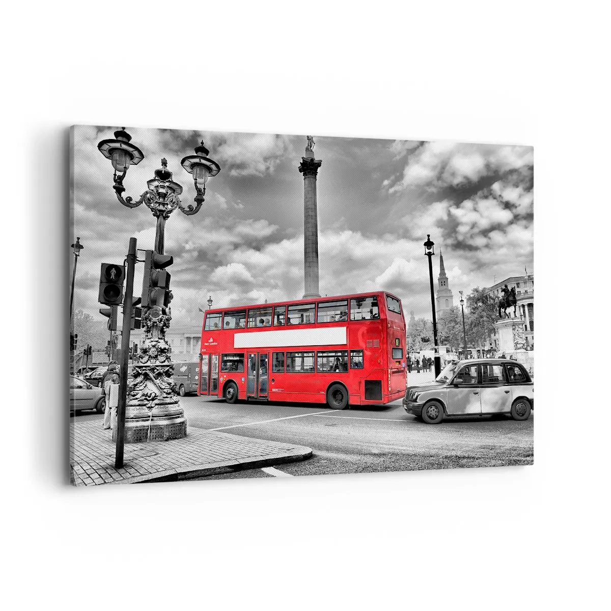 Impression sur toile - Image sur toile - Un bus rouge à impériale sur fond de ville en noir et blanc - 100x70cm - La vraie circulation sanguine de la ville - Décoration murale moderne pour le salon et la chambre ARTTOR