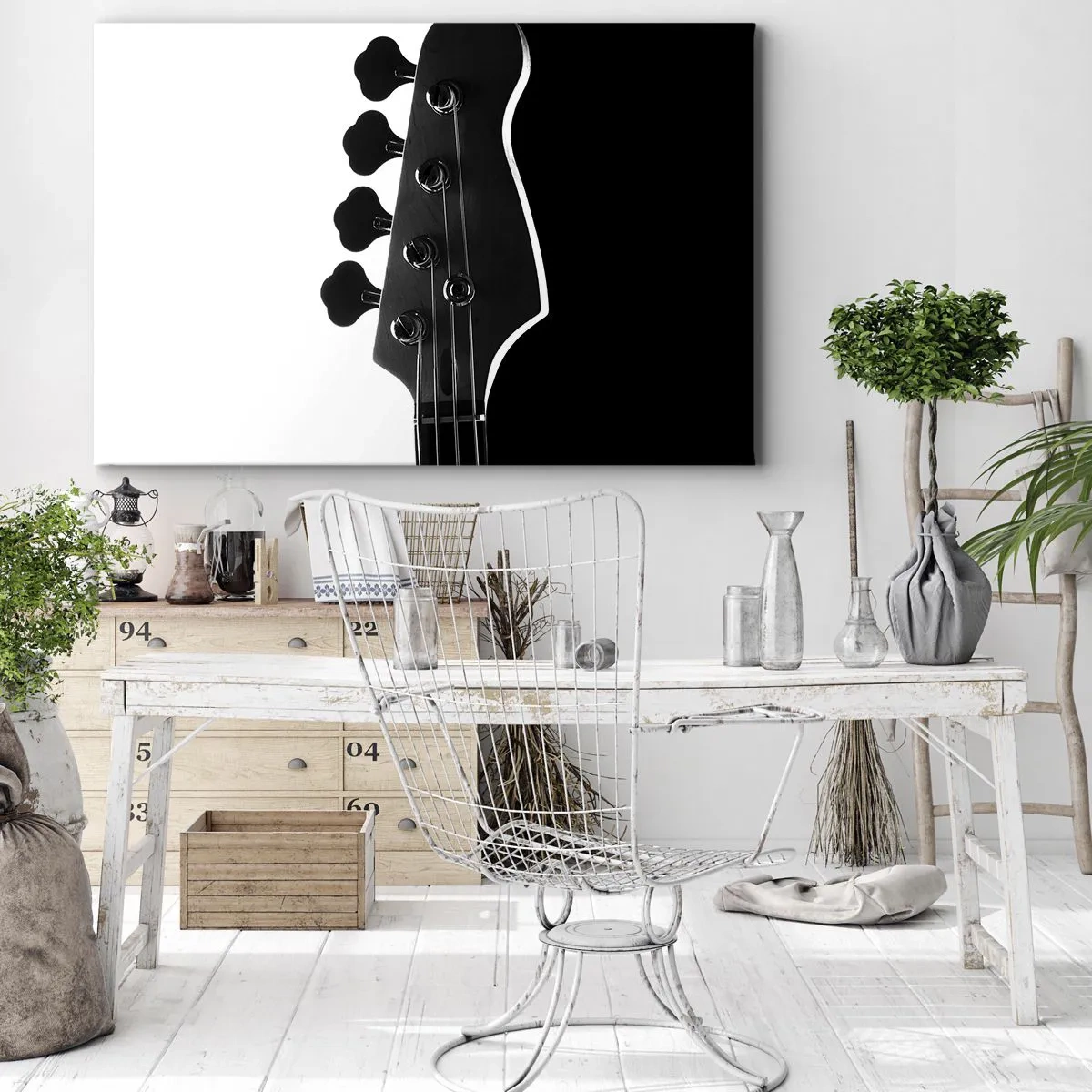 Impression sur toile - Image sur toile - Silhouette noire et blanche d'une tête de guitare basse - 120x80cm - Silence de roche - Décoration murale moderne pour le salon et la chambre ARTTOR